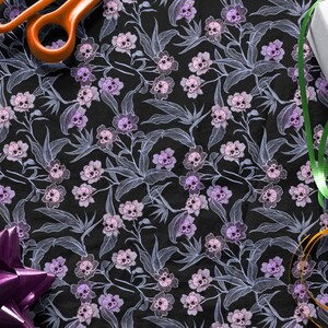 Pastel Goth Gift Wrap, Spooky yet elegant macabre floral craft or wrapping paper w/ pale pink & purple deadly beautiful skull flowers image 2