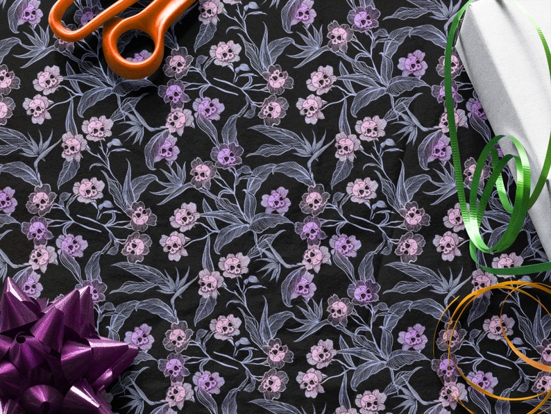 Pastel Goth Gift Wrap, Spooky yet elegant macabre floral craft or wrapping paper w/ pale pink & purple deadly beautiful skull flowers image 2
