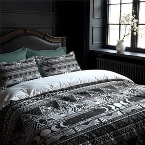 Boho Goth Cotton Bedding, Witchy tribal striped duvet cover or pillowcase in black & white, esoteric bedroom accent for occult home decor image 1