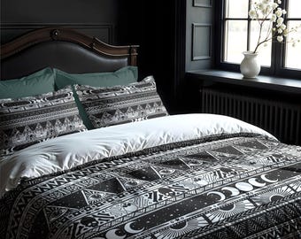 Boho Goth Cotton Bedding, Witchy tribal striped duvet cover or pillowcase in black & white, esoteric bedroom accent for occult home decor