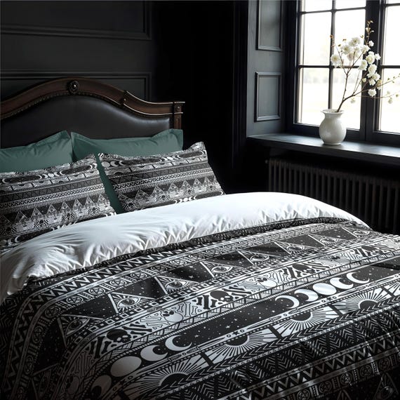 Boho Goth Cotton Bedding, Witchy tribal striped duvet cover or pillowcase in black & white, esoteric bedroom accent for occult home decor