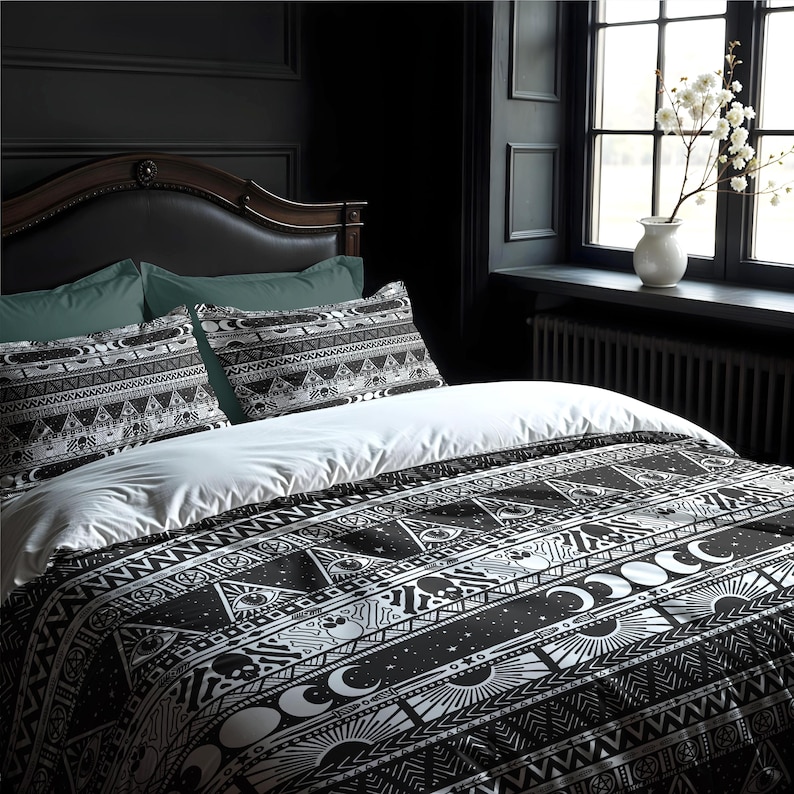 Boho Goth Cotton Bedding, Witchy tribal striped duvet cover or pillowcase in black & white, esoteric bedroom accent for occult home decor image 1