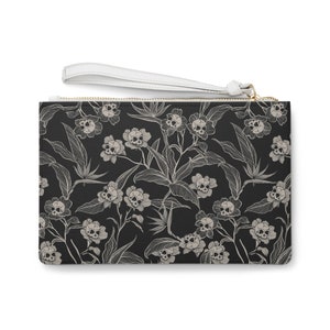 Bolso de mano con diseño floral gótico, bolso de mano con diseño de calavera tiki espeluznante o cartera pequeña con estampado botánico oscuro. Bolsa de maquillaje con accesorio rockabilly como regalo