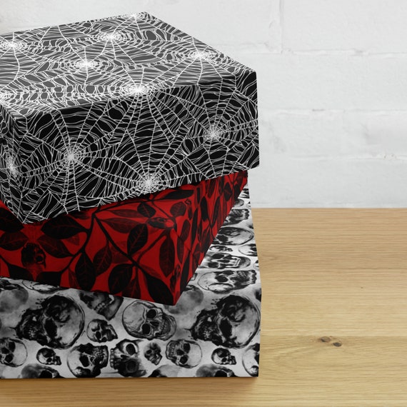 Spooky Gift Wrap Pack, Black, White and Red Halloween Wrapping Paper Sheets w/ Watercolor Skulls, Goth Spider Webs, and Witchy Botanicals