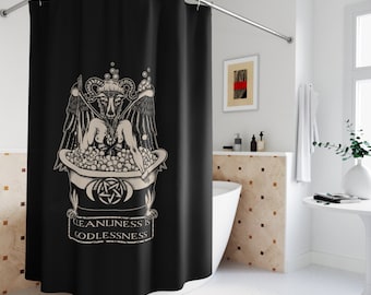 Divertente tenda da doccia occulta, Bathomet "La pulizia è empietà" tenda da bagno con gioco di parole satanico su Baphomet. Arredamento da bagno con umorismo gotico oscuro.