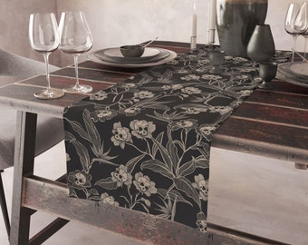 Gothic Floral Table Runner, Witchy Skull flower kitchen decor, Goth botanical dinner party accent, Spooky tiki dark home dining table cloth