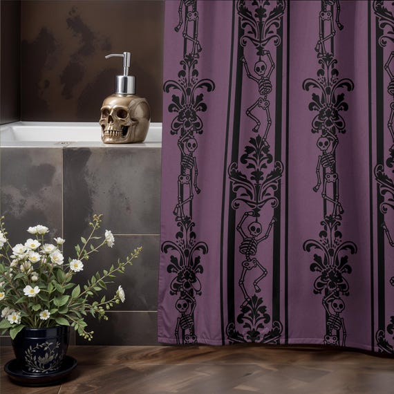 Dancing Skeleton Shower Curtain, Baroque Gothic Bathroom Decor in Black & Mauve Pink, Moody Maximalist Home Accent for a Victorian Aesthetic