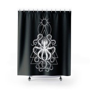 May include: Black shower curtain with a white octopus illustration in the center. The octopus is surrounded by a geometric pattern of triangles and a circle with a sun inside.