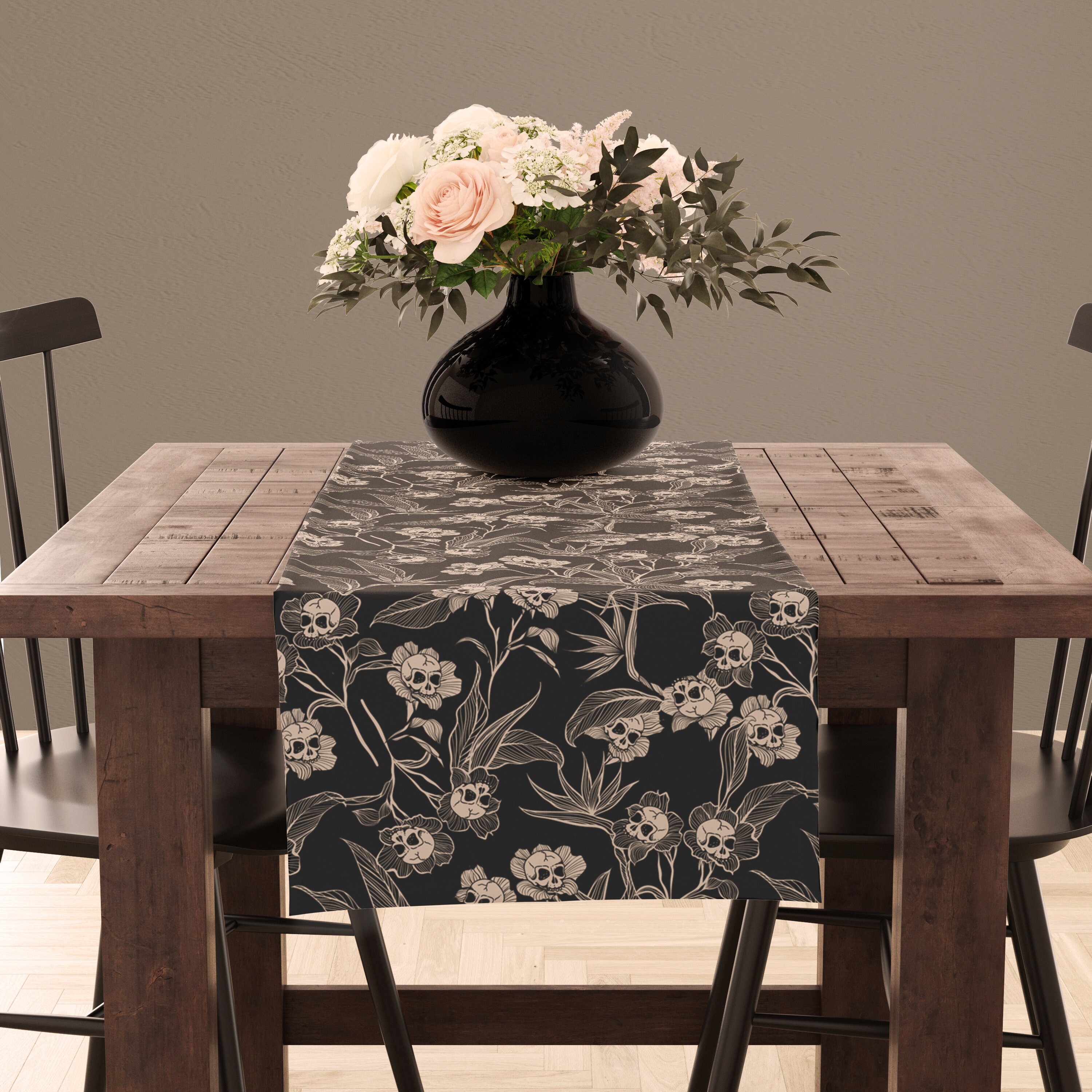 JanJCurt Black Gold Floral Table Runner - Retro Peony Rose Print, 13x120 Inches - Farmhouse Gothic Decor - View #7