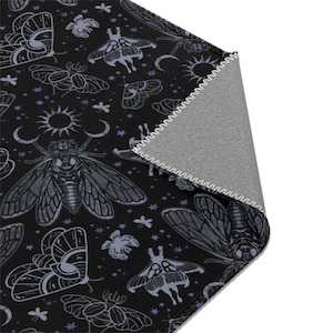 Witchy Cicada Rug, Occult gothic moth & scarab print carpet for outdoor patio areas or interior home decor w/ esoteric star and moon motif