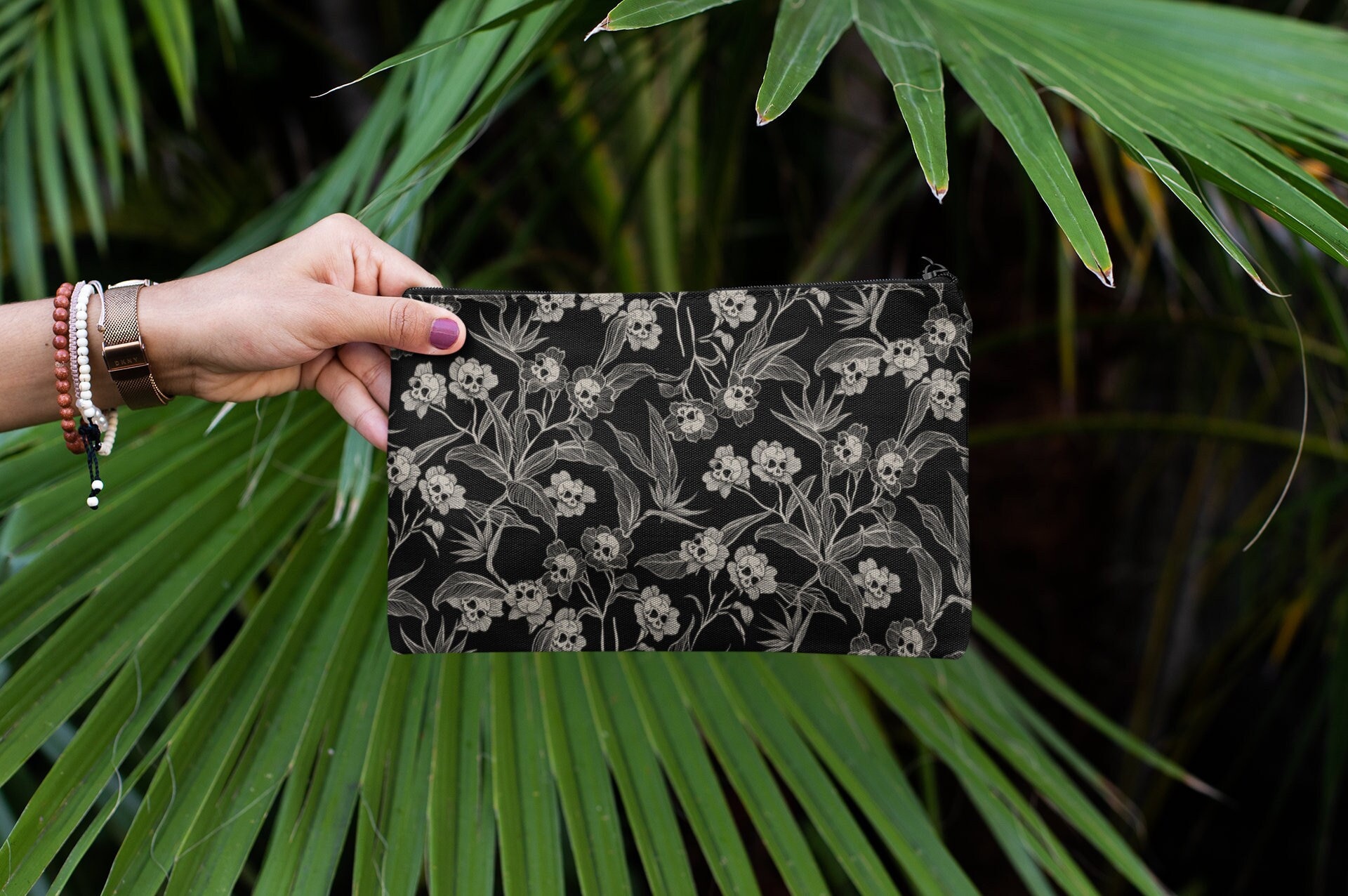 Gothic Floral Pouch, Spooky skull flower accessory clutch, makeup tote bag, or pencil carrying case. Macabre school gift for witchy souls