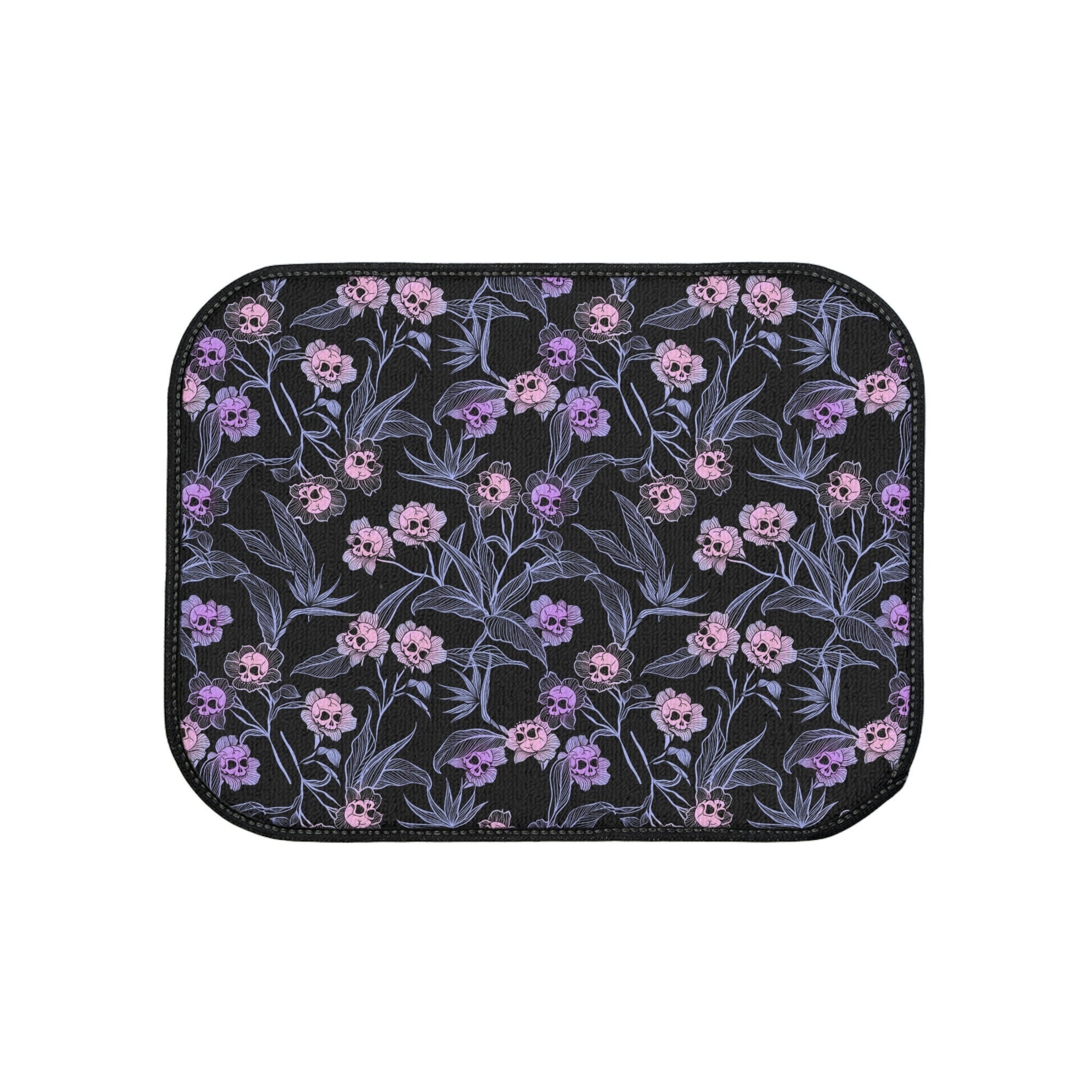 Pastel Goth Car Mats, pink floral skull flower vehicle floor rugs for a dark rainbow gothic accent to any truck or van. Witchy car accessory