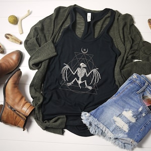 Occult Bat Tank, Bat Skeleton Women&#39;s Racerback Tanktop, Witchy animal skull shirt, Sacred geometry halloween top, Goth witchy fashion tee