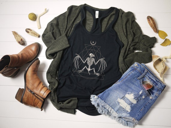 Occult Bat Tank, Bat Skeleton Women's Racerback Tanktop, Witchy animal skull shirt, Sacred geometry halloween top, Goth witchy fashion tee