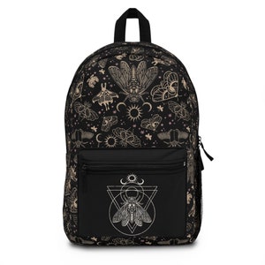 Witchy Cicada Backpack school book bag w/ occult witchcraft moth & scarab pattern. A spooky gift for a goth witchcore student aesthetic