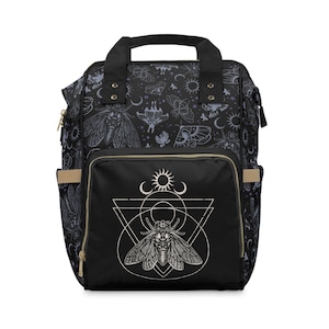 Witchy Cicada Diaper Bag Nappy Backpack w/ occult witchcraft moth & scarab pattern. A spooky gift for a goth witchcore mama&#39;s baby shower