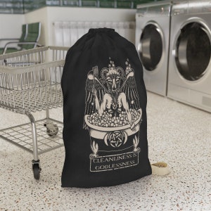 Bathomet Laundry Bag. Funny cleanliness is godlessness satanic pun clothing sack w/ occult Baphomet bathtub art, Goth metalhead decor gift