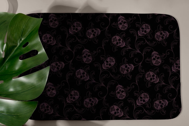 Dark Skull Bath Mat, Elegant Gothic Academia Human Skeleton Shower Rug in Black & Eggplant. A Spooky Whimsigoth Witchcore Home Decor Accent image 8