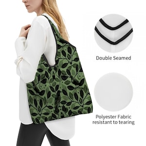 Witchy Raven Shopping Tote, Green Botanical Forest Witch Folding Reusable Grocery Bag w/ Gothic Vibes, Dark Fairycore Art Gift for Goth Mom image 3