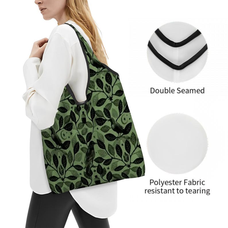 Witchy Raven Shopping Tote, Green Botanical Forest Witch Folding Reusable Grocery Bag w/ Gothic Vibes, Dark Fairycore Art Gift for Goth Mom image 3