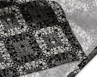 Gothic Checkered Bandana, Versatile Black & White Spooky Macabre Skull Cloth for Witchy Scarf, Whimsigoth Headband, Tie or Tarot Card Wrap