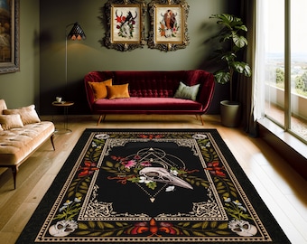 Dark Cottagecore Area Rug, Gothic Vintage Vibe Indoor or Outdoor Carpet w/ Baroque Floral Bird Skull Art, Witchy Fairycore Home Decor Accent