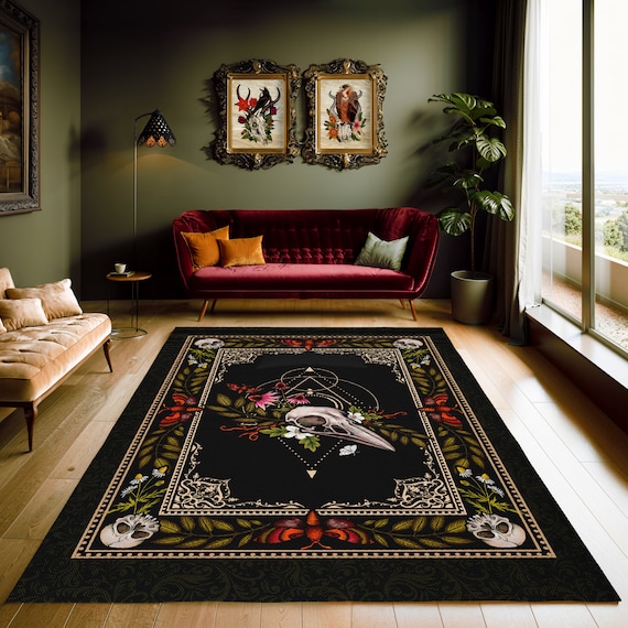 Dark Cottagecore Area Rug, Gothic Vintage Vibe Indoor or Outdoor Carpet w/ Baroque Floral Bird Skull Art, Witchy Fairycore Home Decor Accent