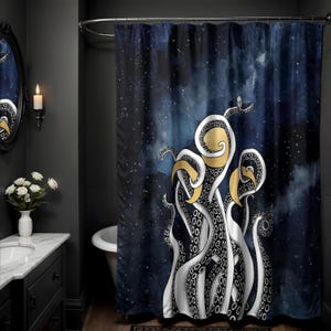 Whimsigoth Shower Curtain, bathroom decor w/ celestial gothic kraken octopus tentacles & esoteric witchy gold moon phases spacecore galaxy