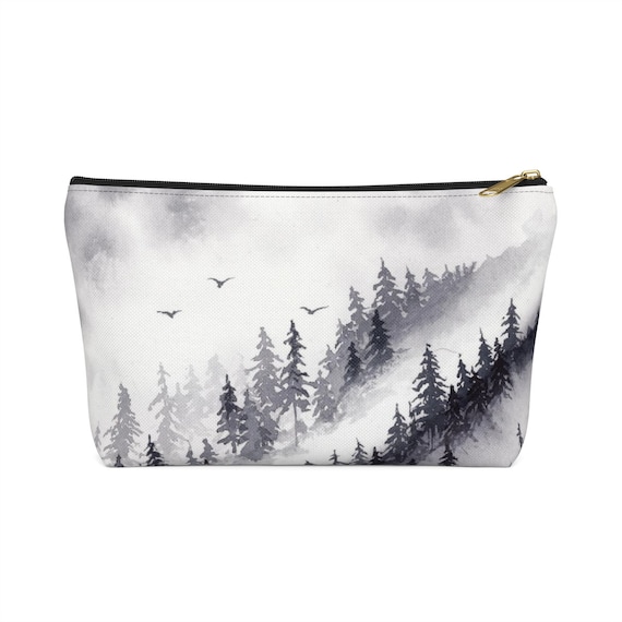 Misty forest art pouch. carry pencils, art supplies, or makeup in style w/ this watercolor foggy mountain painting accessory bag. Great gift