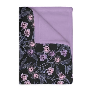Pastel goth blanket w/ purple, pink & blue skull flowers and soft lilac minky back. A spooky nursery decor gift for the witchy gothic mom image 5