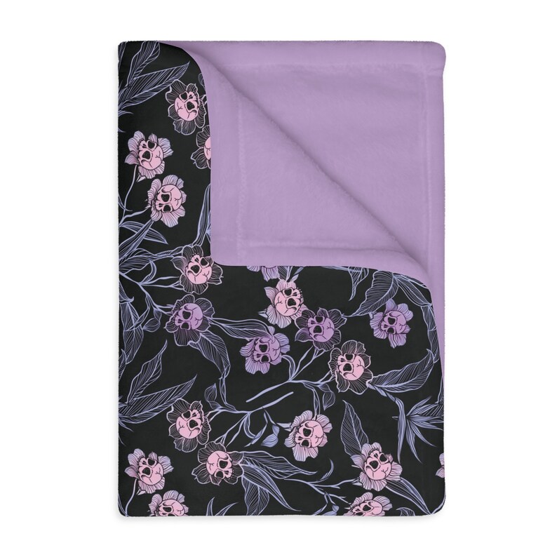 Pastel goth blanket w/ purple, pink & blue skull flowers and soft lilac minky back. A spooky nursery decor gift for the witchy gothic mom image 5
