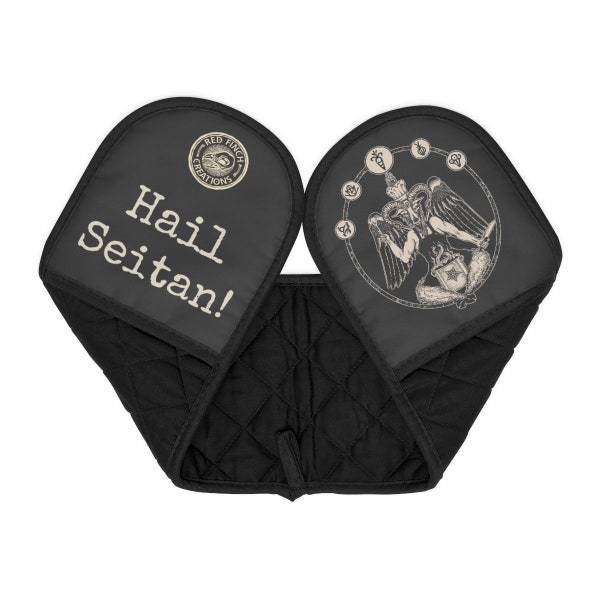 Hail Seitan Potholder,Satanic vegan chef baphomet oven mitts,Occult vegetarian metalhead home cook gift,Funny plant based goth pun kitchen