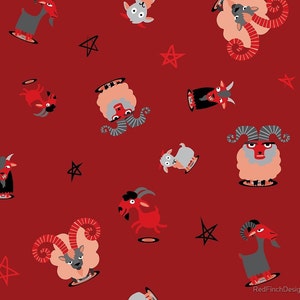 May include: A red background with a repeating pattern of black stars, gray and red goats, and pink sheep with red horns. The goats and sheep are all in a circle with a black outline.