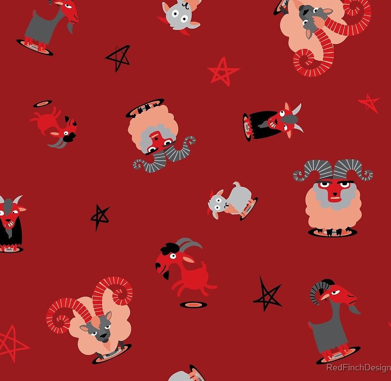 May include: A red background with a repeating pattern of black stars, gray and red goats, and pink sheep with red horns. The goats and sheep are all in a circle with a black outline.
