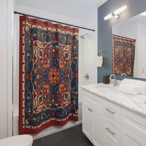 Dansend skelet mandala douchegordijn, spooky goth boho maximalistisch badaccent in roestrood en blauw, elegant humeurig halloween badkamerdecor afbeelding 9