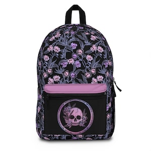 Sac à dos floral gothique pastel, sac à dos rose fantasmagorique avec fleurs et crânes macabre imprimé squelette de lauriers roses gothiques arc-en-ciel. Cadeau d'école fantaisie