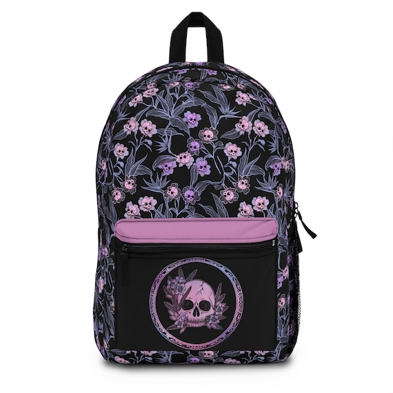 Pastel Goth Floral Backpack, Spooky Pink Skull Flower Book  display picture 2