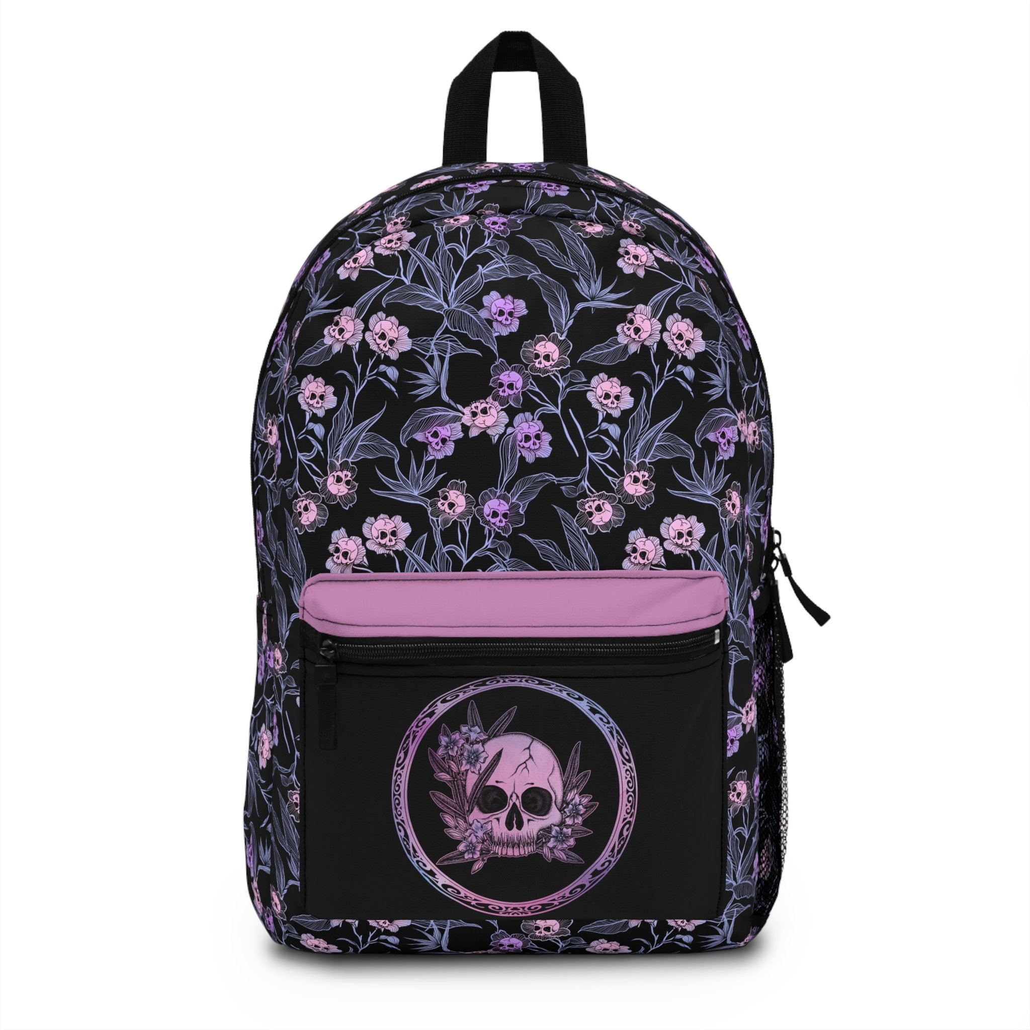 Pastel Goth Floral Backpack, Spooky Pink Skull Flower Book