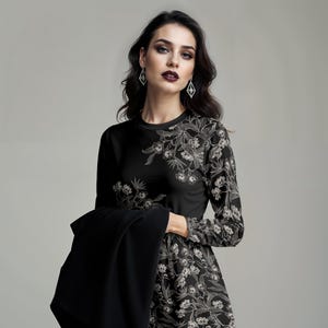 Gothic Floral Dress, Long Sleeve Skull flower Midi Dress w/ Pockets for the Dark & Dreamy Cottagecore Fashionista or Witchy Soul 2XS to 6XL