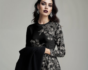 black shirt dress with flowers Black Floral Applique Maxi Dress | Purple Door Boutique main image 1