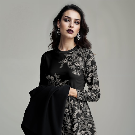 Gothic Floral Dress, Long Sleeve Skull Flower Midi Dress W