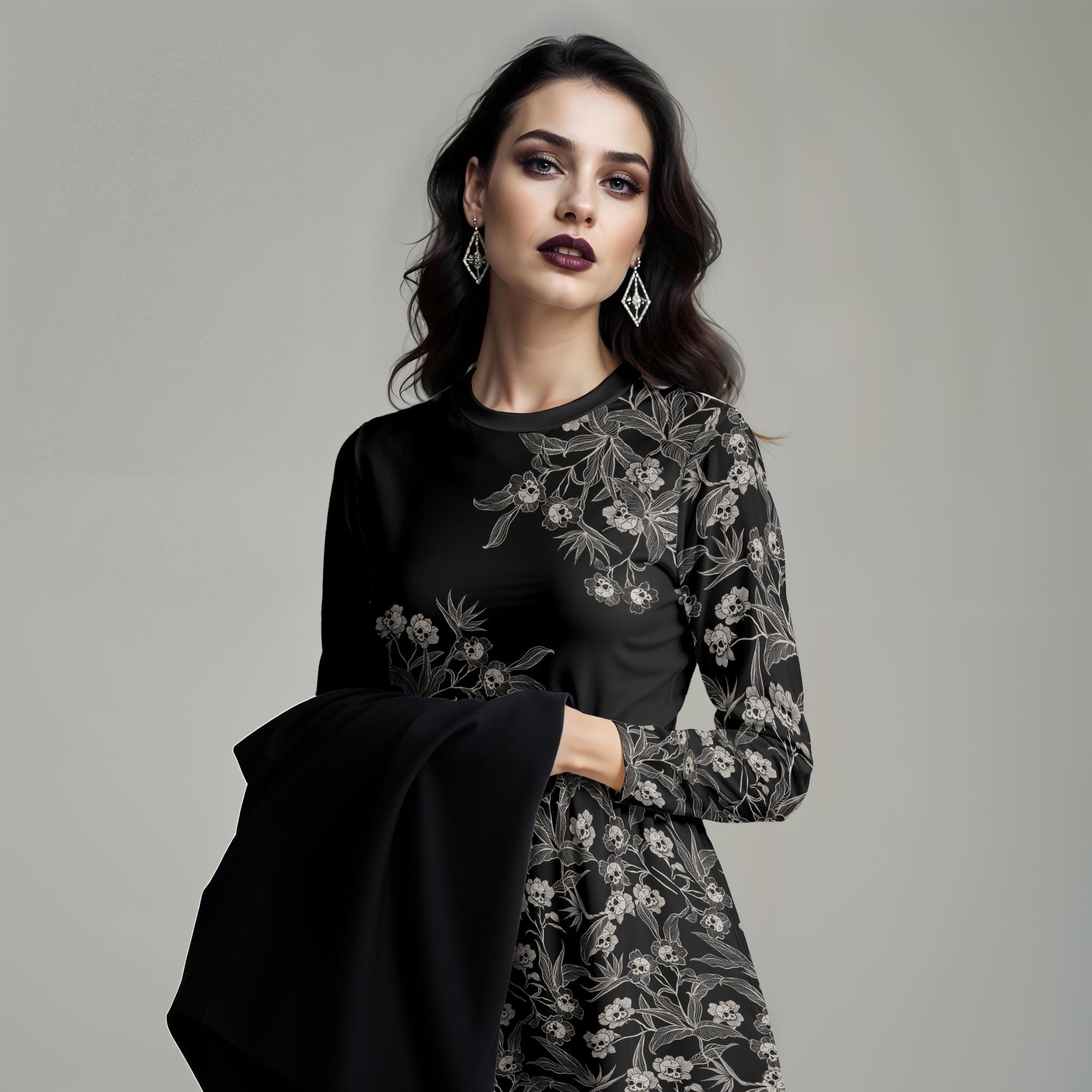 ワンピース Winter Floral Long-sleeve Dress  Black Women's Long Sleeve Floral Shirred Waist Plunging Neck Slit