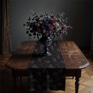 Dark Academia Table Runner, Whimsigoth Kitchen Witch Human Skull Vine Dining Room Decor in Black & Eggplant. Gothic Botanical Home Accent