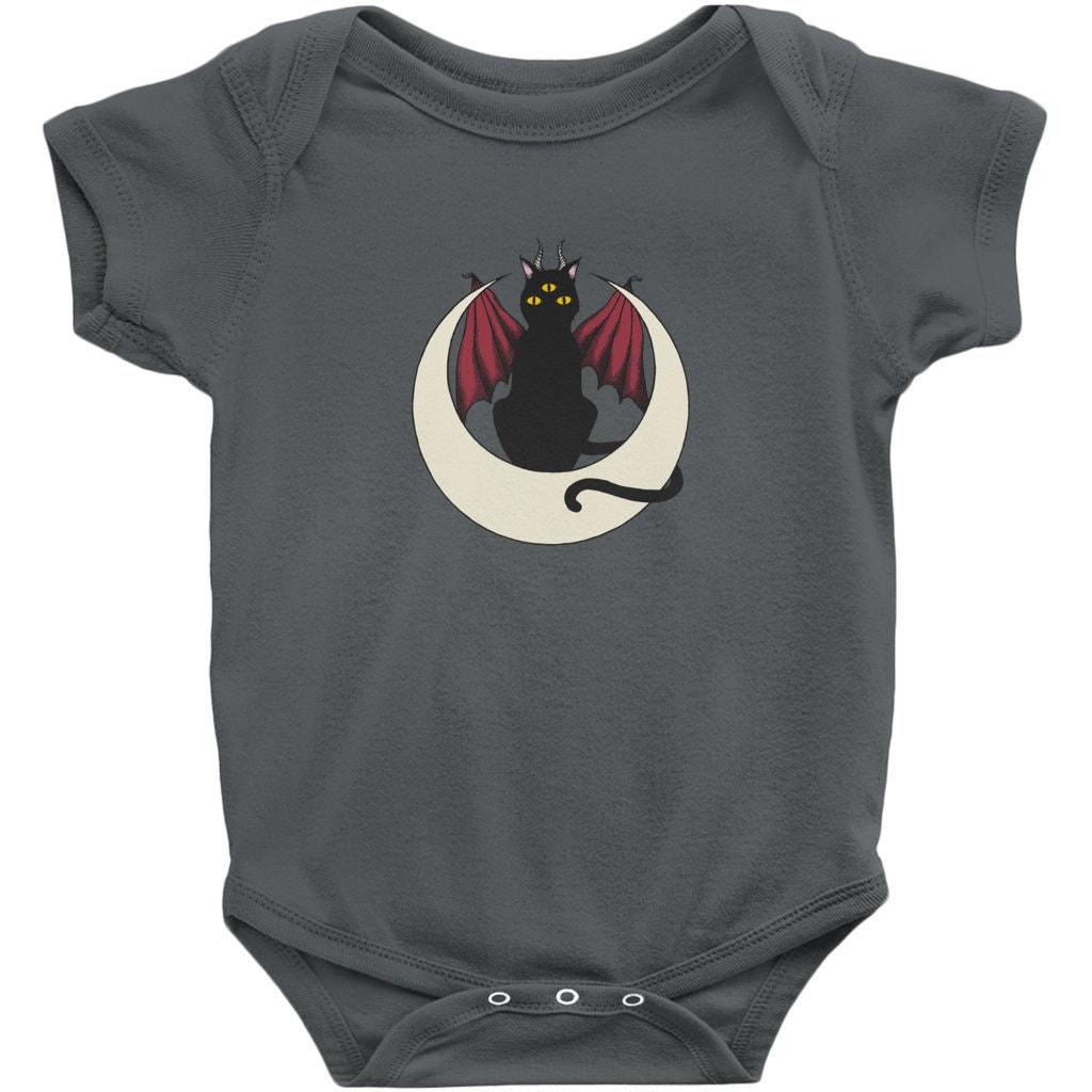 Demon Cat Baby Tee. Occult monster kitty moon infant snap jumpsuit. Winged kitten goth baby bodysuit. Halloween gift for wiccan witchy mom