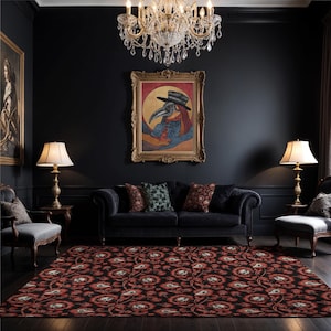 Red Gothic Floor Mat, Flat No-pile Moody Maximalist Area Rug w/ Spooky Goth Victorian Floral Skull Pattern, Baroque Dark Academia Home Decor