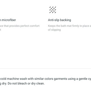 Puede incluir: Una alfombra de ba&ntilde;o con fondo blanco y texto negro que describe sus caracter&iacute;sticas. Las caracter&iacute;sticas incluyen 100% microfibra de espuma viscoel&aacute;stica, respaldo antideslizante y secado r&aacute;pido. El texto tambi&eacute;n incluye instrucciones de cuidado para la alfombra de ba&ntilde;o.