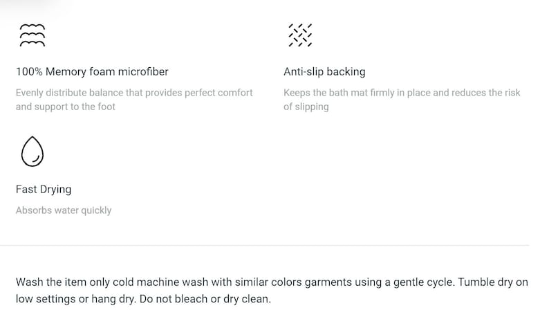 Puede incluir: Una alfombra de ba&ntilde;o con fondo blanco y texto negro que describe sus caracter&iacute;sticas. Las caracter&iacute;sticas incluyen 100% microfibra de espuma viscoel&aacute;stica, respaldo antideslizante y secado r&aacute;pido. El texto tambi&eacute;n incluye instrucciones de cuidado para la alfombra de ba&ntilde;o.