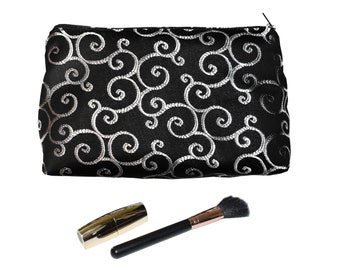 Elegant Black and Silver Swirls Makeup Bag