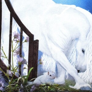 May include: A white horse with a long flowing mane stands near a wooden gate. Two small white rabbits sit in front of the horse. The background is a blue sky with white stars.