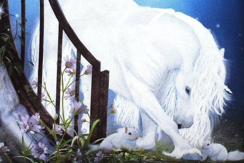 May include: A white horse with a long flowing mane stands near a wooden gate. Two small white rabbits sit in front of the horse. The background is a blue sky with white stars.